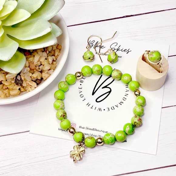 Stability Lime Green Sea Sediment Jasper & 14K Gold Coated Hematite Jewelry Set - Picture 3 of 6